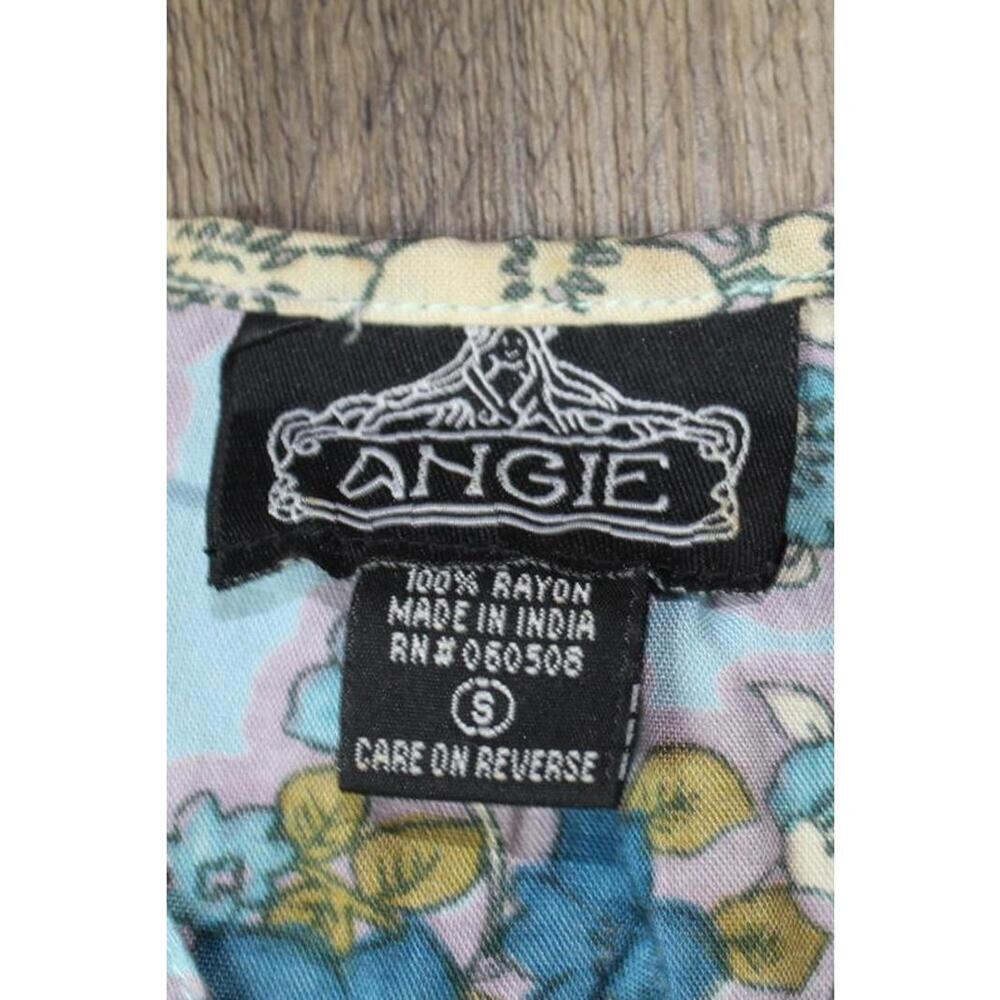 Angie Dress Multicolor Boho Floral Button Front Tie Neck - Blue, Gold - Small - Picture 4 of 7